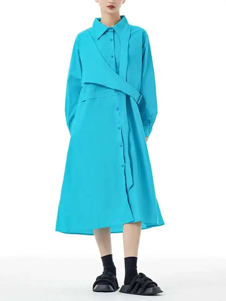 Women Purple Belted Big Size Irregular Midi Shirt Dress New Lapel Long Sleeve Fashion Tide Spring Autumn 2025 1DH5164
