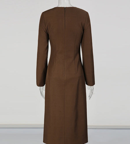 Solid Slimming Spliced Breasted Fashion Dresses for Women Round Neck Long Sleeves High Waist Dress Female Clothing