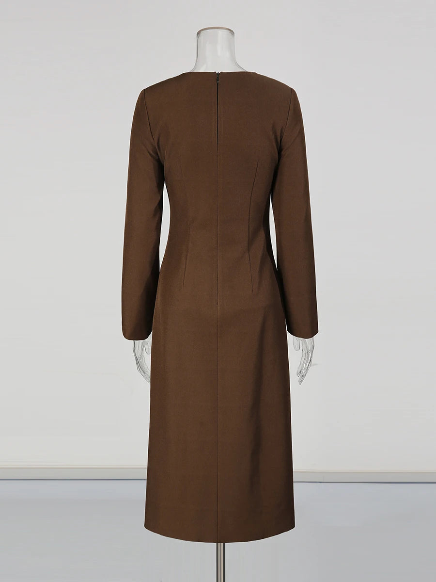 Solid Slimming Spliced Breasted Fashion Dresses for Women Round Neck Long Sleeves High Waist Dress Female Clothing