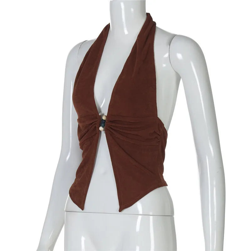 Halter V Neck Sexy Crop Tops Women Fashion Sleeveless Backless Ruched Tank Tops Female Solid Fashion Club Tops Elegant