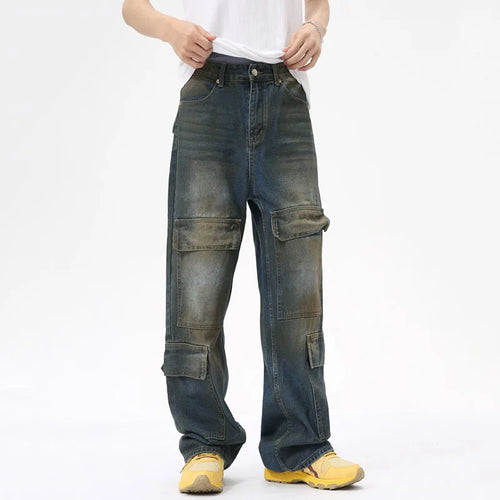 Load image into Gallery viewer, High Street Men&#39;s Denim Pants Loose Worn-out Washed Multi-pockets Straight Wide Leg Male Jeans Contrast Color Bottom 9C7029
