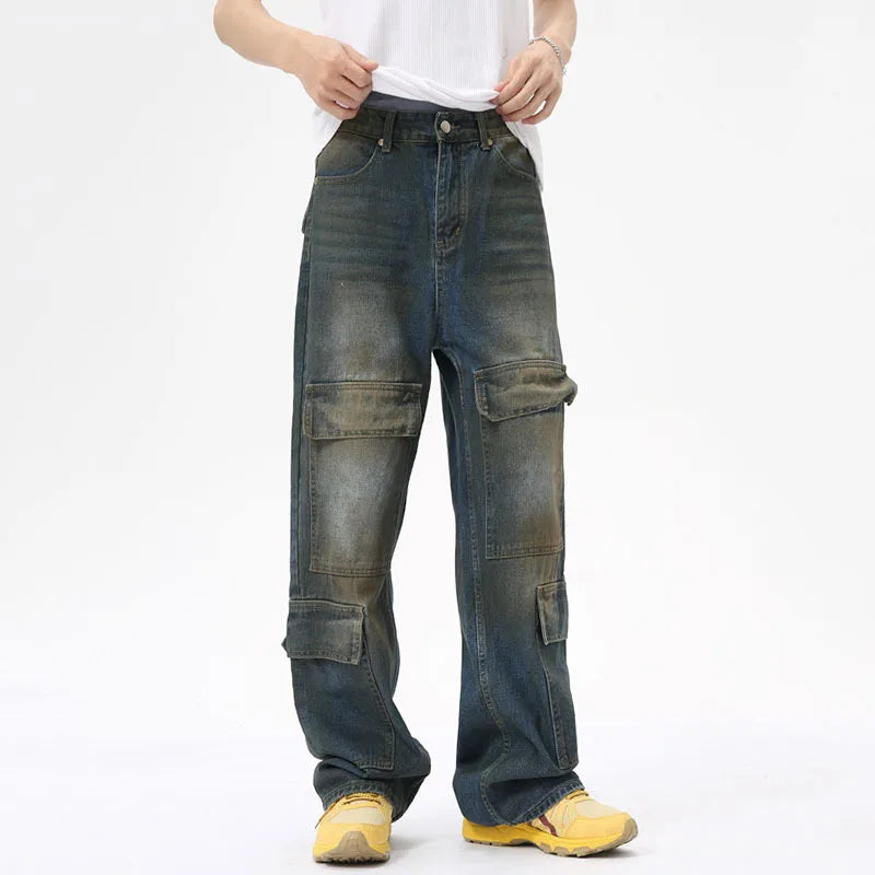 High Street Men's Denim Pants Loose Worn-out Washed Multi-pockets Straight Wide Leg Male Jeans Contrast Color Bottom 9C7029