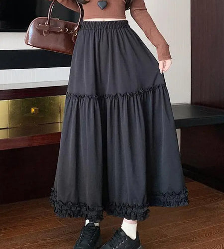Spring Summer French Vintage Fashion Black Elegant Sexy Ruffle Edge Pleated Long Skirt Women White High Waist Slim Skirts 2025