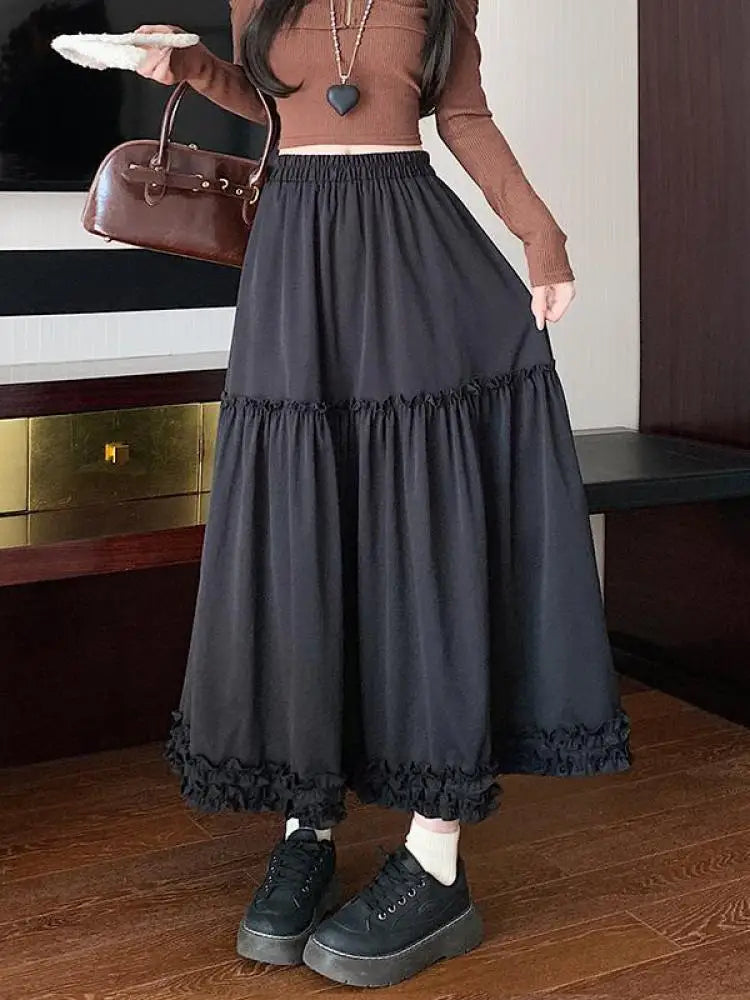 Spring Summer French Vintage Fashion Black Elegant Sexy Ruffle Edge Pleated Long Skirt Women White High Waist Slim Skirts 2025