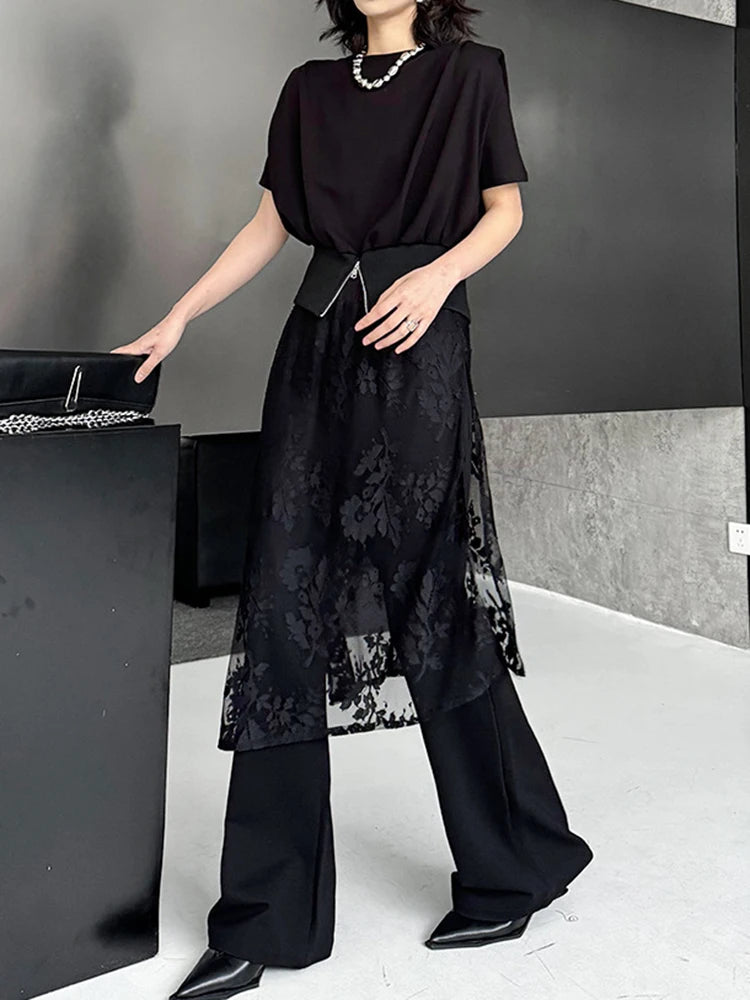 High Elastic Waist Black Lace Irregular Long Wide Leg Pants New Trousers Women Fashion Tide Spring Autumn 2025 1DJ1094