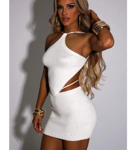 Sexy Knitted Women Two Piece Set Hanging Collar Backless Vest CropTop Slim Fit Mini Skirt Set Charming Beach Party Suit