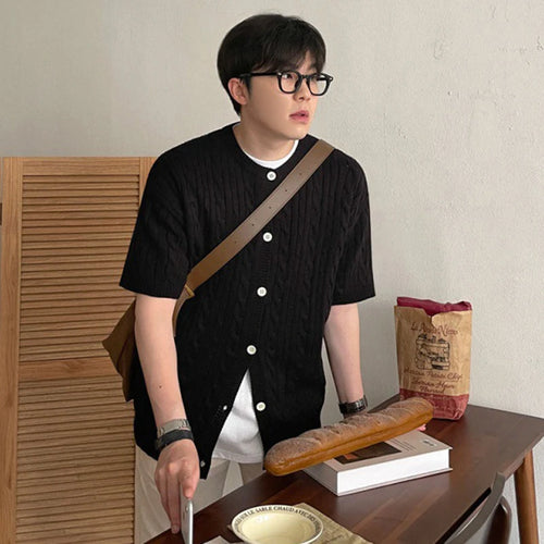 Load image into Gallery viewer, Korean Style Men&#39;s Cardigan Casual Knitted Round Neck Tops Short Sleeve Single Brteasted Solid Color Loose  Sweater 9C6496
