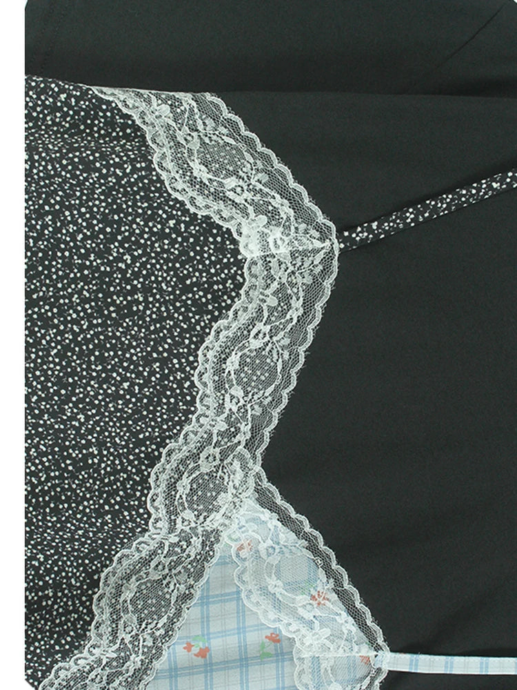 Women Black Lace False Two Big Size Elegant T-shirt New Round Neck Short Sleeve Fashion Tide Spring Summer 2025  1DJ0590