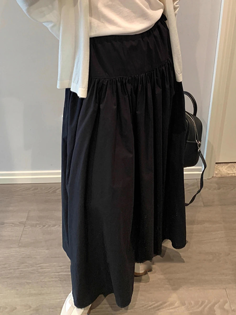 Solid Loose Spliced Folds Casual Skirts for Women High Waist Patchwork Lace Up Minimalist Skirt Female Clothing New