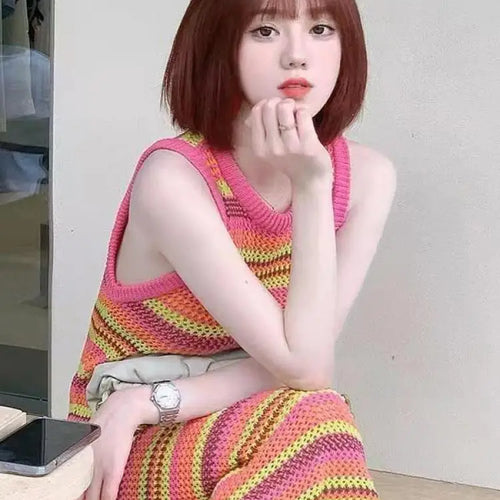 Load image into Gallery viewer, Korean Fashion Summer Pink Striped Patchwork Elegant Round Neck Slim Vest Long Dresses For Women Sleeveless Sexy Chic Dress 2025

