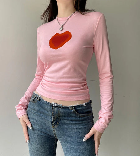 Sweet Pink Fitness Autumn Tee Women Long Sleeve Heart Print Basic T-shirts Coquette Clothes Korean Sweats Top Outfits