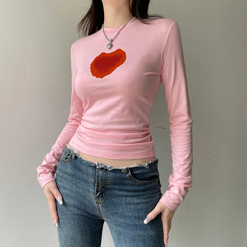 Sweet Pink Fitness Autumn Tee Women Long Sleeve Heart Print Basic T-shirts Coquette Clothes Korean Sweats Top Outfits