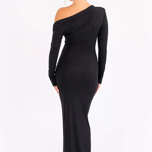 Load image into Gallery viewer, Sparkle Long Sleeve Sexy Maxi Dress For Women Inclined Shoulder Backless Bodycon Ruched Club Party Sexy Long Dress
