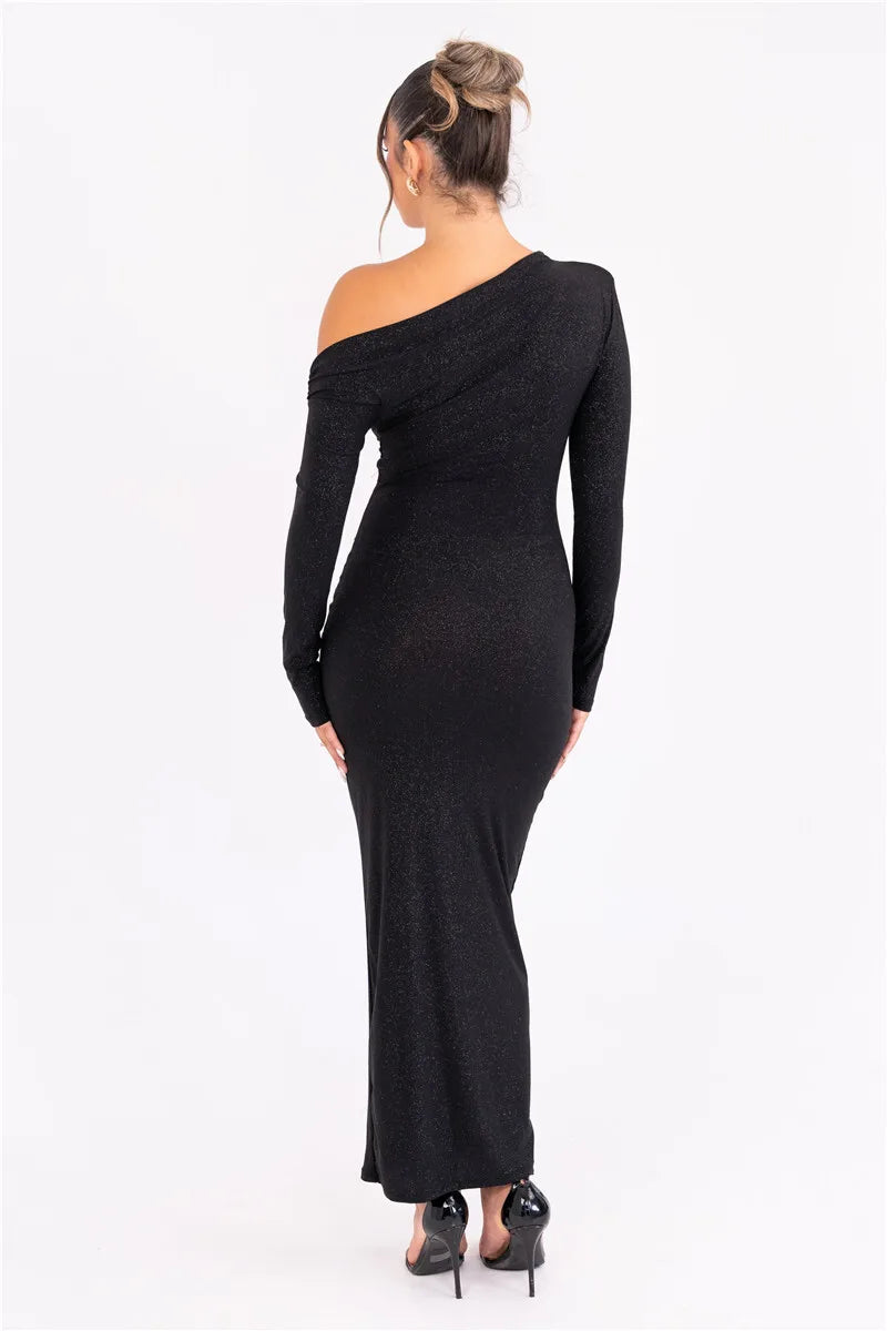 Sparkle Long Sleeve Sexy Maxi Dress For Women Inclined Shoulder Backless Bodycon Ruched Club Party Sexy Long Dress