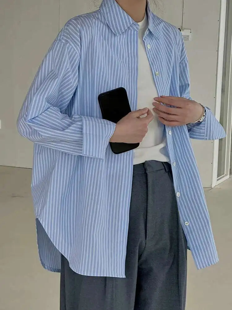 Women Blue Striped Vintage Big Size Blouse New Lapel Long Sleeve Loose Fit Shirt Fashion Tide Spring Autumn 2025 1DH1021