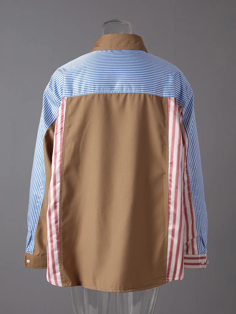 Women Khaki Striped Color-block Big Size Casual Blouse New Lapel Long Sleeve Shirt Fashion Tide Spring Autumn 2025 7AB8930