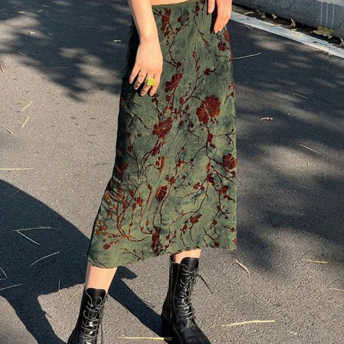 Load image into Gallery viewer, Y2K Green Fairycore Graphic Printed Midi Skirt Vintage Aesthetic Frill Chic Fashion Women&#39;s Skirts Grunge Outfits
