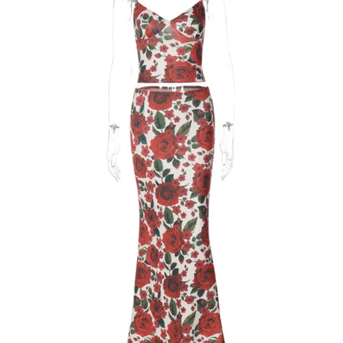 Load image into Gallery viewer, Floral Print Sexy Skirt Two Piece Sets Women Fashion Sleeveless Crop Tops And Long Skirt Femme Printed Two Piece Sets
