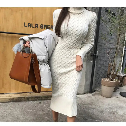 Load image into Gallery viewer, Autumn Winter Korean Blue Pink High Neck Slim Long Sleeve Dresses Women Retro Blue Temperament Wrap Hip Knitted Dress Simplicity
