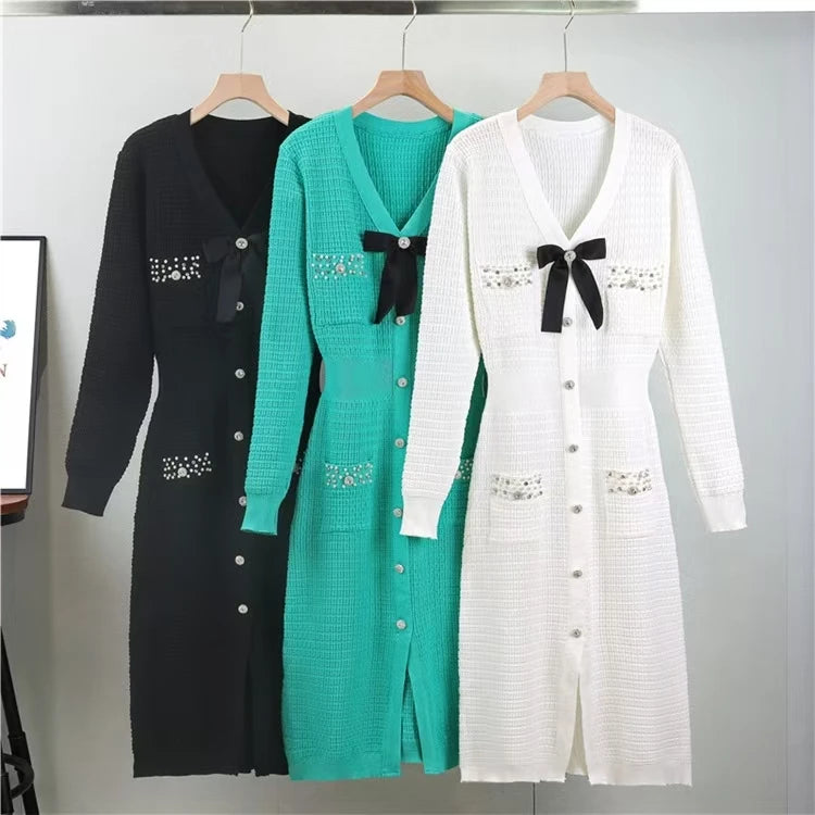 Autumn Winter Black White Single Breasted Diamonds Sweater Dress Korean Green Elegant Office Women's Long Sleeve Bow Knit Dress