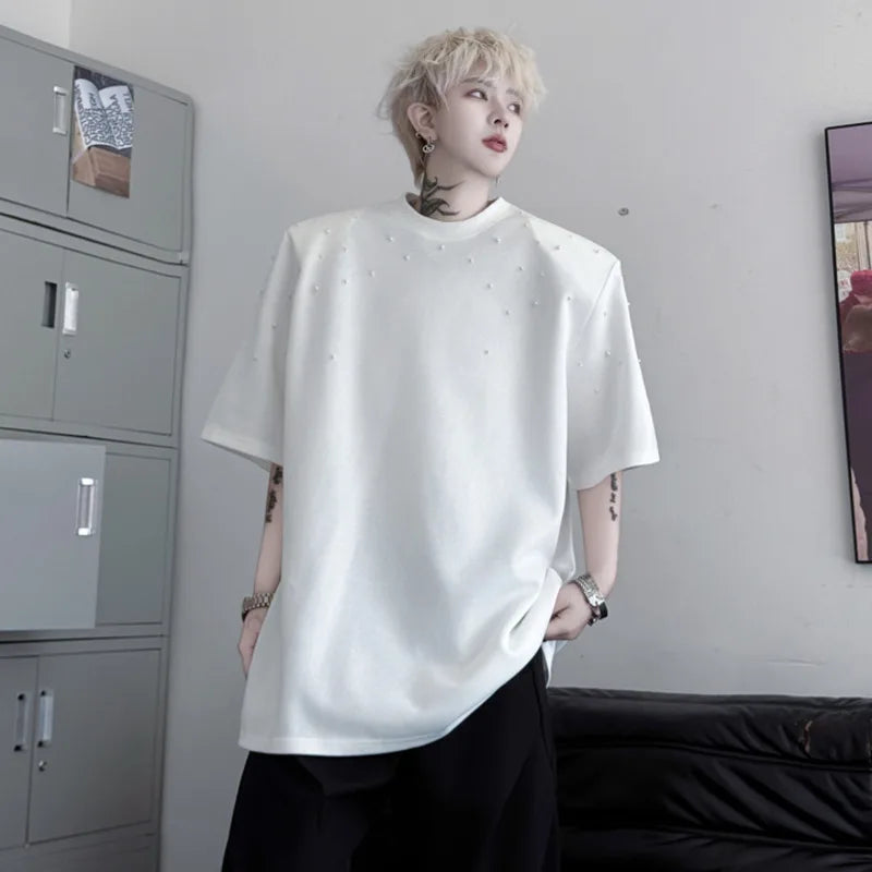 Men's Short Sleeve T-shirts Summer Solid Color Round Neck Handmade Nail Bead Design Pullover Loose Menwear 9W1506