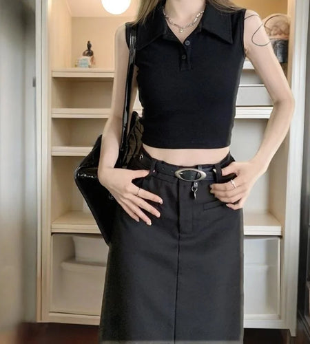 y2k Tank Top Women Summer Clothes Solid Color Turn Down Collar Buttons Sleeveless Tshirt Vest 2000s Clothing Streetwear