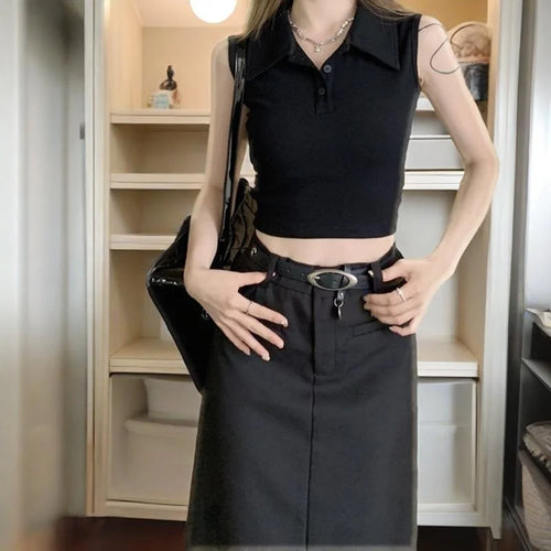 Load image into Gallery viewer, y2k Tank Top Women Summer Clothes Solid Color Turn Down Collar Buttons Sleeveless Tshirt Vest 2000s Clothing Streetwear
