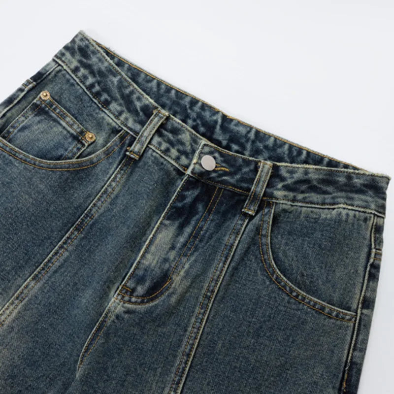 American Style Men's Denim Pants Washing Solid Color Washing Metal Design Straight Wide Leg Loose Male Jeans Summer 9W1984