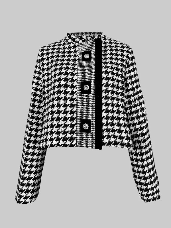 Women's Houndstooth Outerwears & Jacket Stand Collar Long Sleeves Autumn Winter Fall Clothes 2024 Women Classics Coat