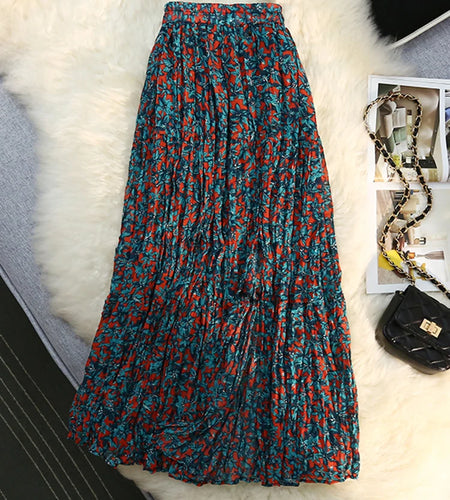 Chiffon Floral Print Skirt Women's Summer Split Pleated Skirt Elastic High Waist A-line Medium Length A Line Plissee Skirts 2022