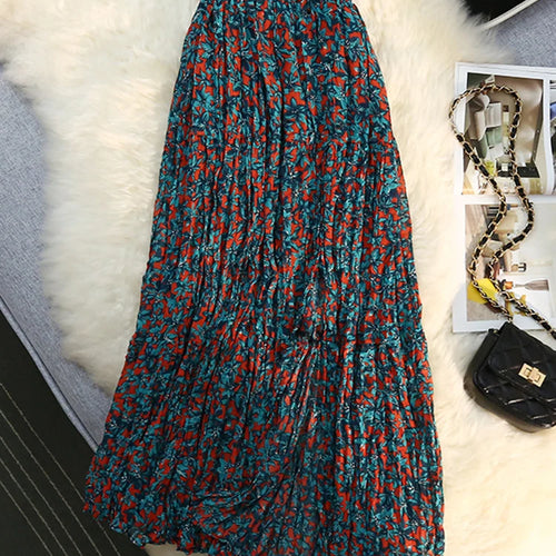 Load image into Gallery viewer, Chiffon Floral Print Skirt Women's Summer Split Pleated Skirt Elastic High Waist A-line Medium Length A Line Plissee Skirts 2022
