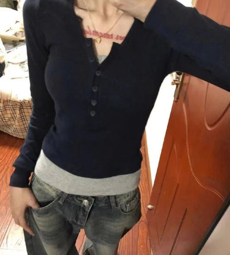 Y2k Aesthetic Casual Fake Two Piece T-shirt Womens Harajuku Patchwork Vintage Top Streetwear Grunge Single Breasted Shirts Femme