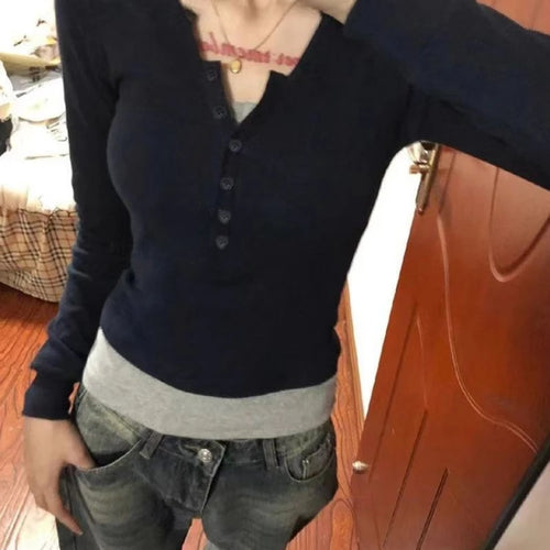 Load image into Gallery viewer, Y2k Aesthetic Casual Fake Two Piece T-shirt Womens Harajuku Patchwork Vintage Top Streetwear Grunge Single Breasted Shirts Femme
