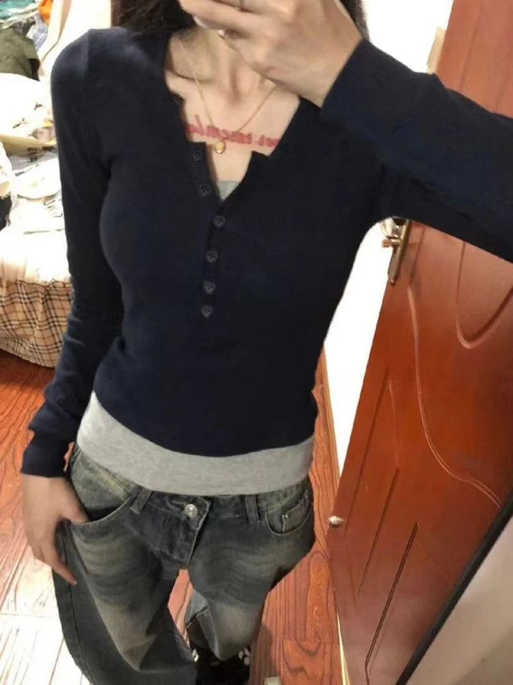 Y2k Aesthetic Casual Fake Two Piece T-shirt Womens Harajuku Patchwork Vintage Top Streetwear Grunge Single Breasted Shirts Femme