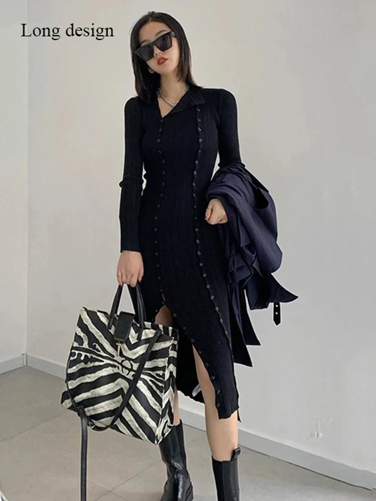 Fall Winter Ladies Long and Short Slim Fit Sexy Double Breasted Solid Dress Women Knitted Basic Jumper C-096