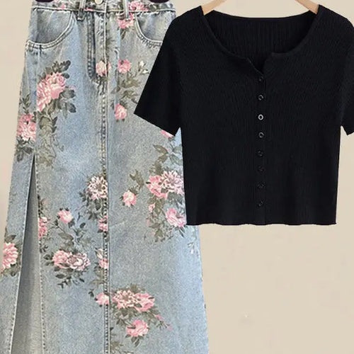 Load image into Gallery viewer, Women Summer Sweet Pink Print Skirts Two Pieces Set Korean Puff Sleeve Bandage Floral Top And Side Split Retro Denim Skirts Sets
