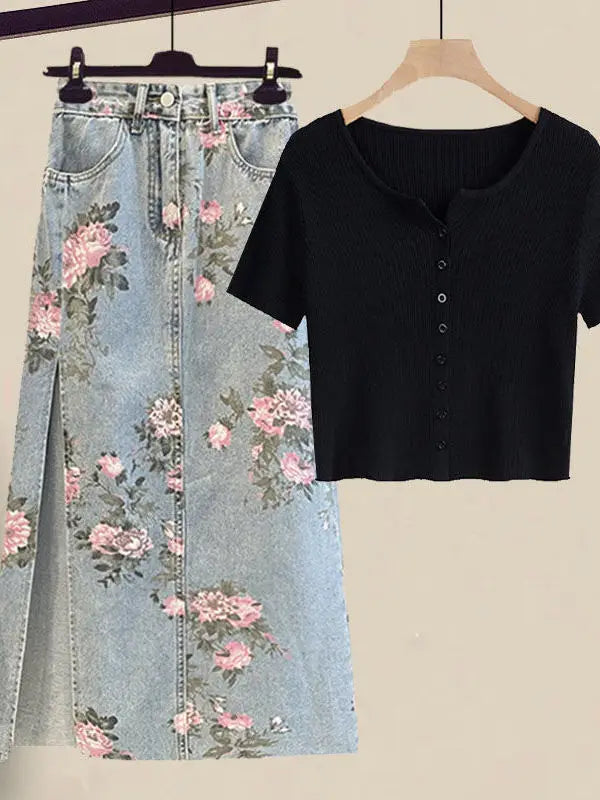 Women Summer Sweet Pink Print Skirts Two Pieces Set Korean Puff Sleeve Bandage Floral Top And Side Split Retro Denim Skirts Sets