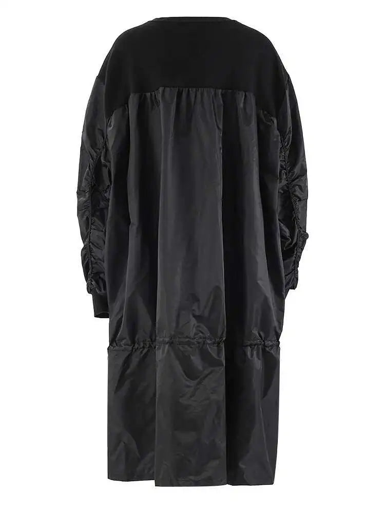 Women Army Green Color-block Big Size Midi Dress New Round Neck Long Sleeve Fashion Tide Spring Autumn 2025 CPG2092