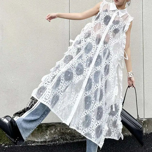 Load image into Gallery viewer, Women White Lace Perspective Ruffles Big Size Shirt Dress New Lapel Sleeveless Fashion Tide Spring Summer 2025 1DH6069
