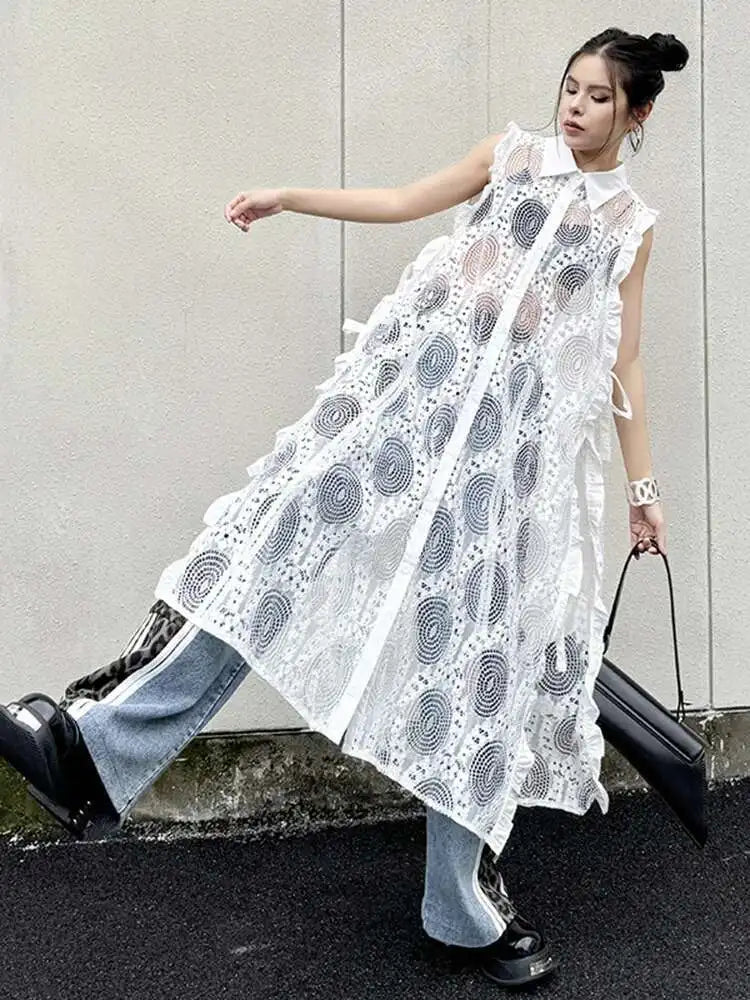 Women White Lace Perspective Ruffles Big Size Shirt Dress New Lapel Sleeveless Fashion Tide Spring Summer 2025 1DH6069