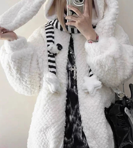 Lamb Wool Loose Kawaii Cute Jacket Streetwear Oversized Rabbit's Ears Hooded Coats Y2k Aesthetic Grunge Zipper Women Jackets