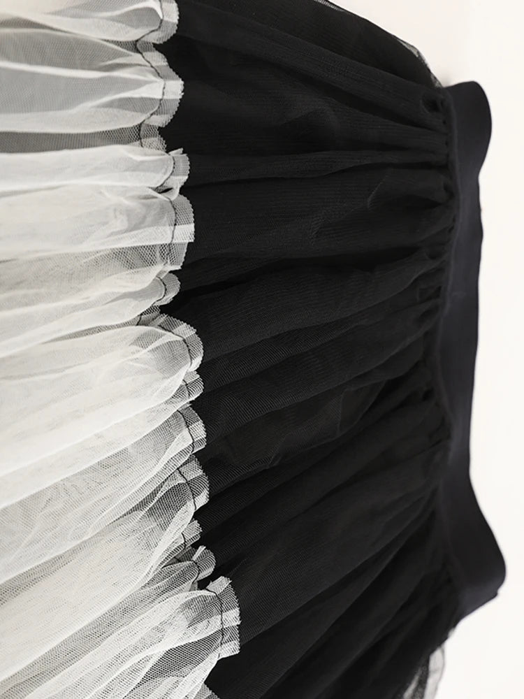 High Elastic Waist Black  White Mesh Color-block A-line Half-body Skirt Women Fashion Tide New Spring Autumn 2025 1DJ1077