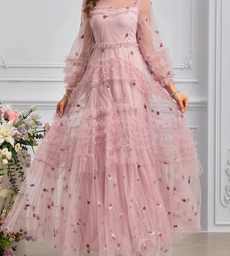 Hit Color Printing Spliced Mesh Dresses For Women O Neck Long Sleeve High Waist Temperament Dress Female Fashion