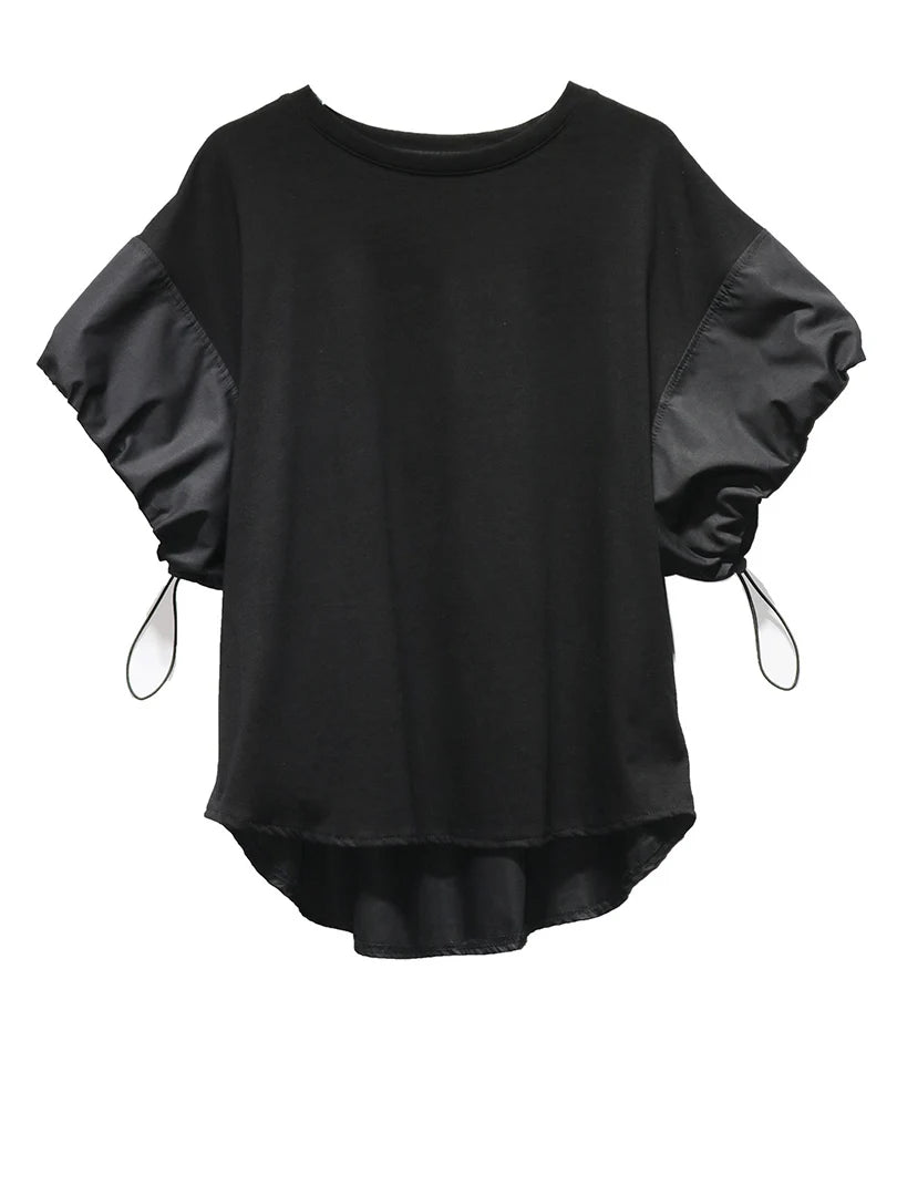 Women Black Drawstring Big Size Casual T-shirt New Round Neck Short Sleeve Fashion Tide Spring Summer 2025 1DJ1889