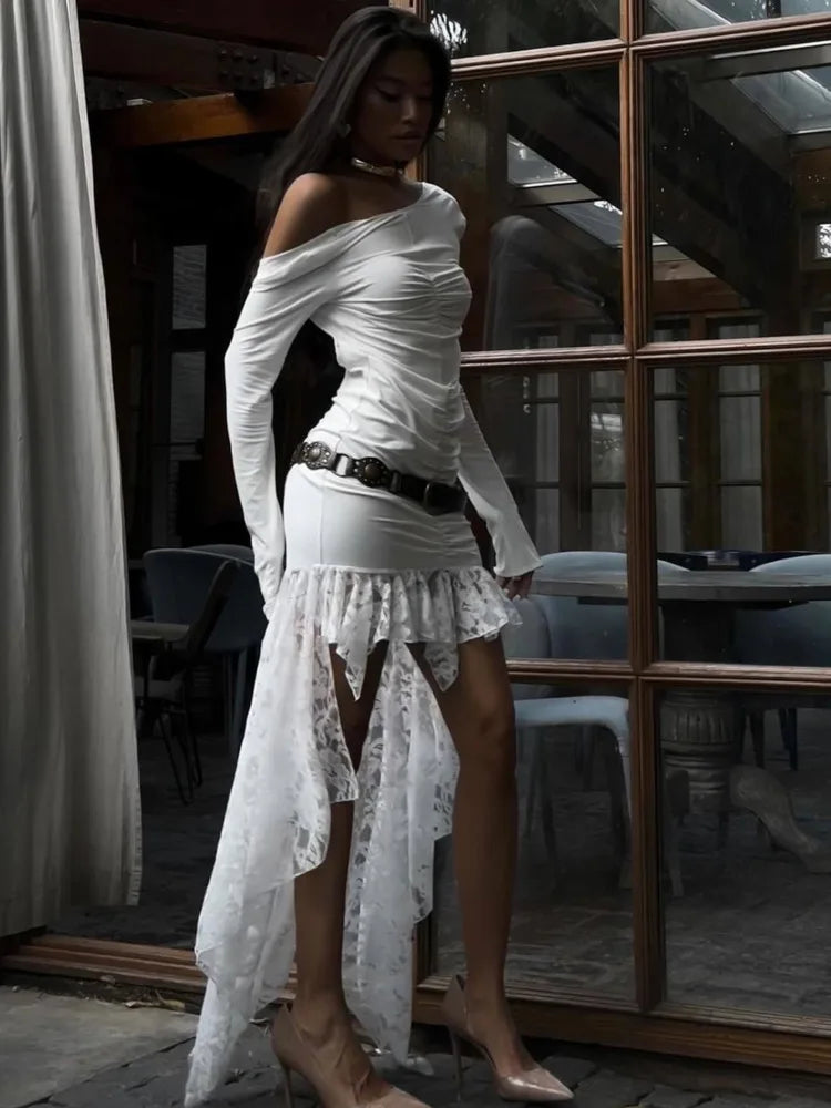 Elegant Long Sleeved Lace Patchwork Bodycon Dress Female Sexy Irregular Female Vestido Autumn/winter Party Evening Dress