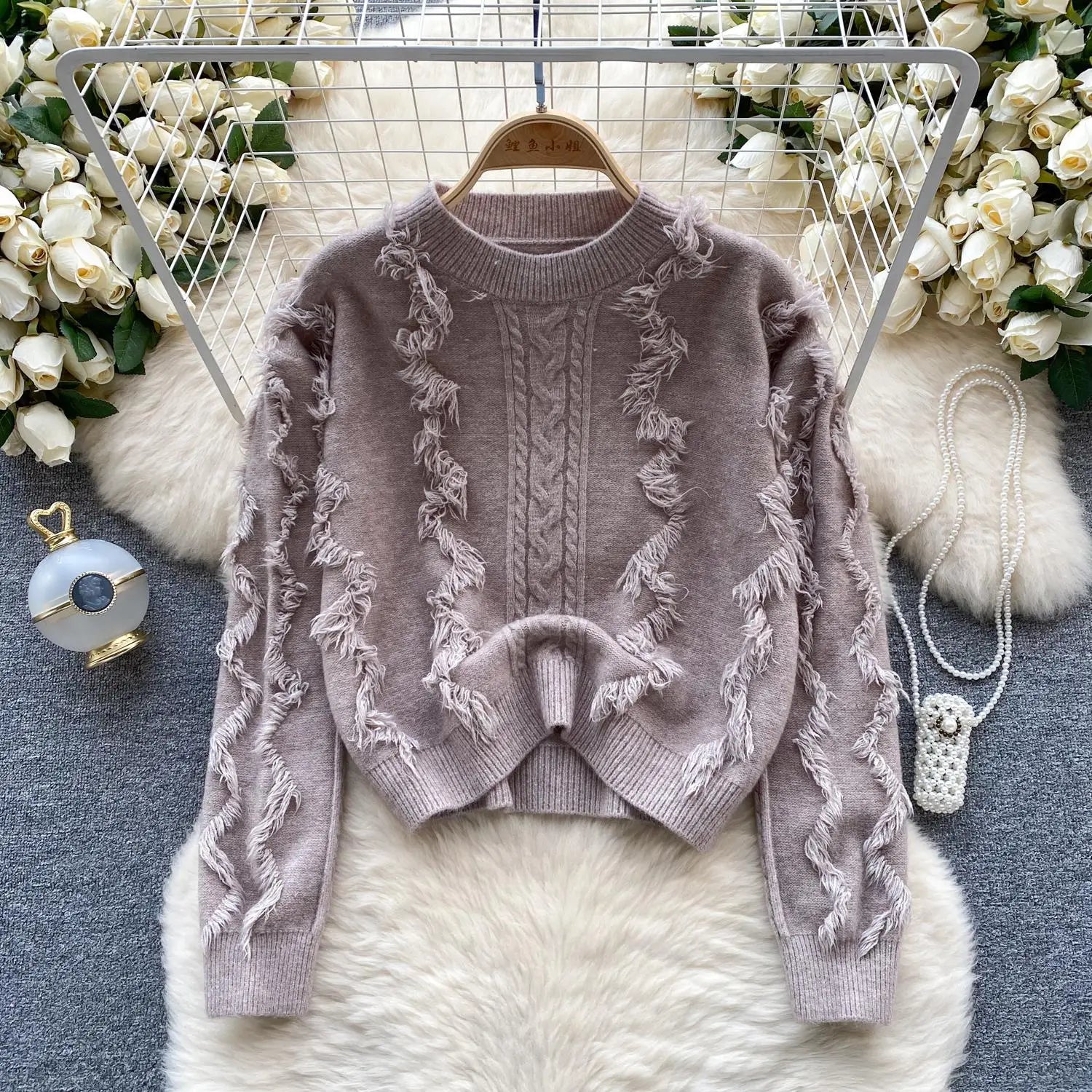 Autumn Winter Solid Loose Tassel Sweater Women Knitted Round Neck Pullover Women Long Sleeve Korean Version Warm Female Tops Y2k