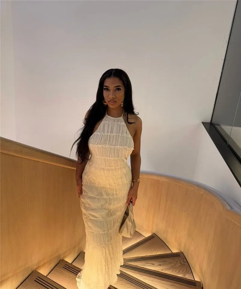 Halter Backless Sexy Maxi Dress For Women Spring Summer New Lace-up Sleeveless Pleated Beach Holiday Long Dress Elegant