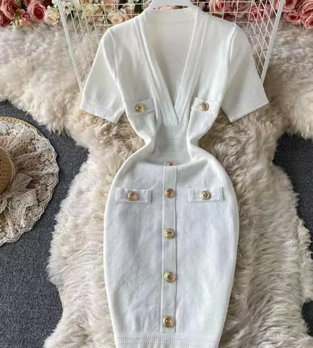 Women 2024 Solid Deep V-neck Short-sleeved Elegant A-line Dress Spring Summer Single Breasted Office Knit Wrap Hip Short Dresses