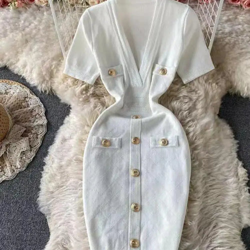 Load image into Gallery viewer, Women 2024 Solid Deep V-neck Short-sleeved Elegant A-line Dress Spring Summer Single Breasted Office Knit Wrap Hip Short Dresses
