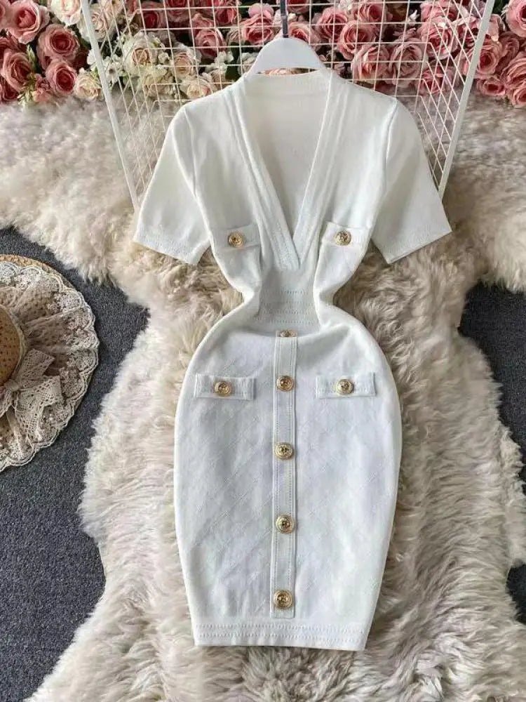 Women 2024 Solid Deep V-neck Short-sleeved Elegant A-line Dress Spring Summer Single Breasted Office Knit Wrap Hip Short Dresses